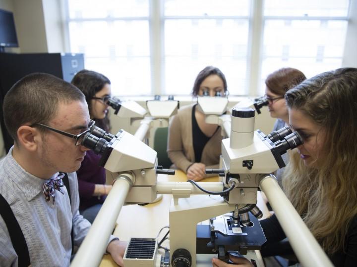 一群学生在教室里观察显微镜